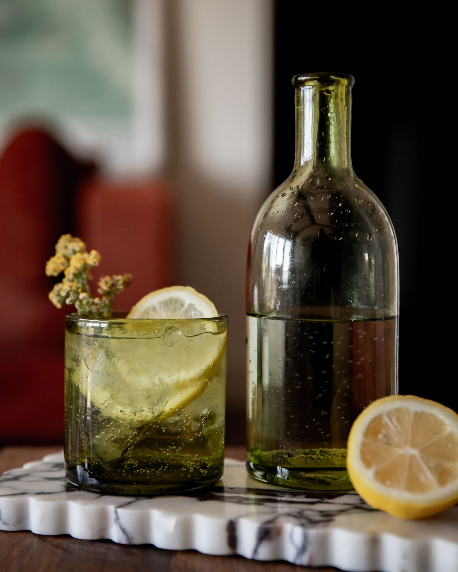 Sparkling water in olive green