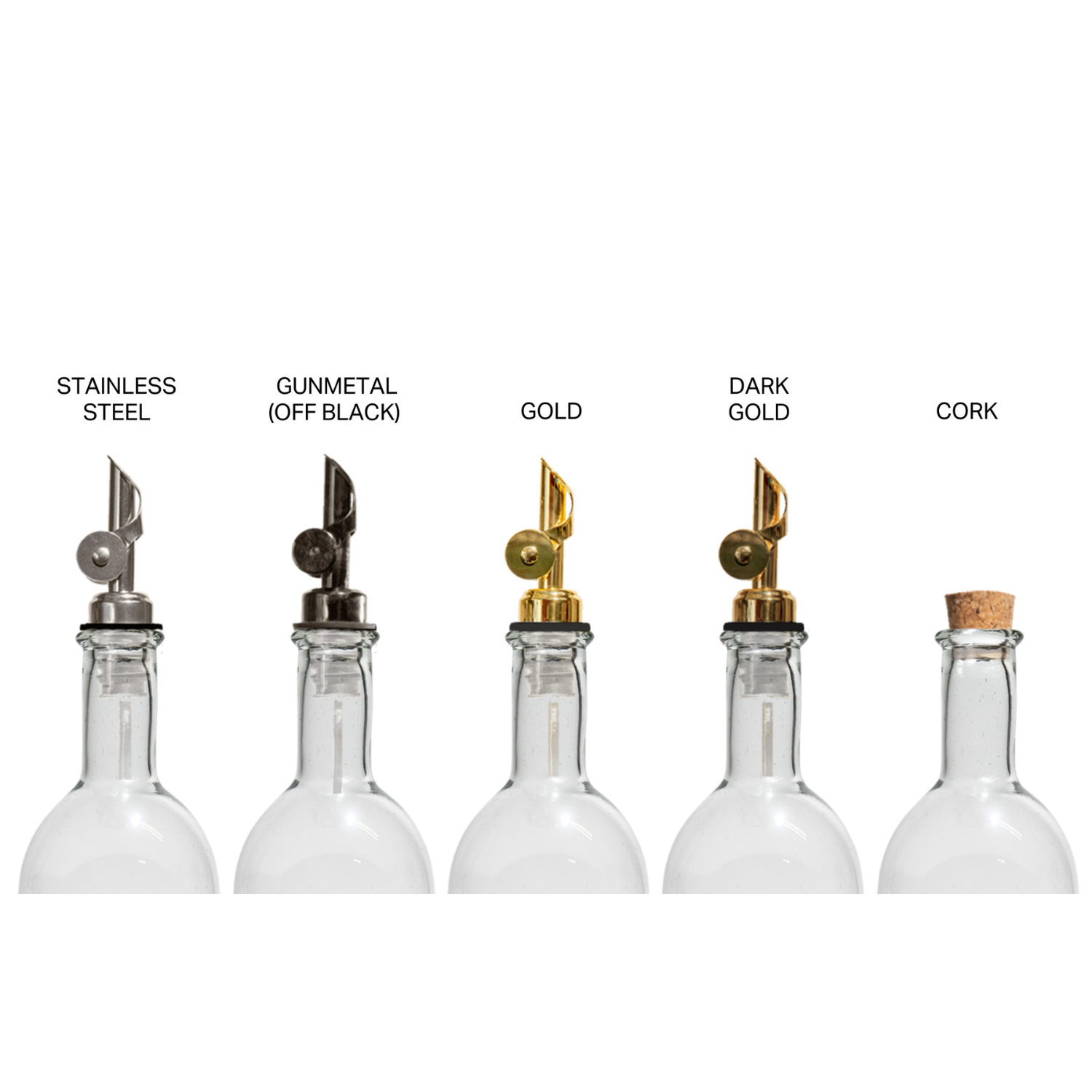 Set of five glass bottles with different colored nozzles on a white background