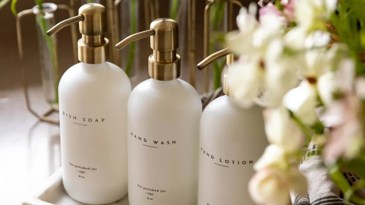 Elegant soap dispensers for dish soap, hand wash, and lotion.