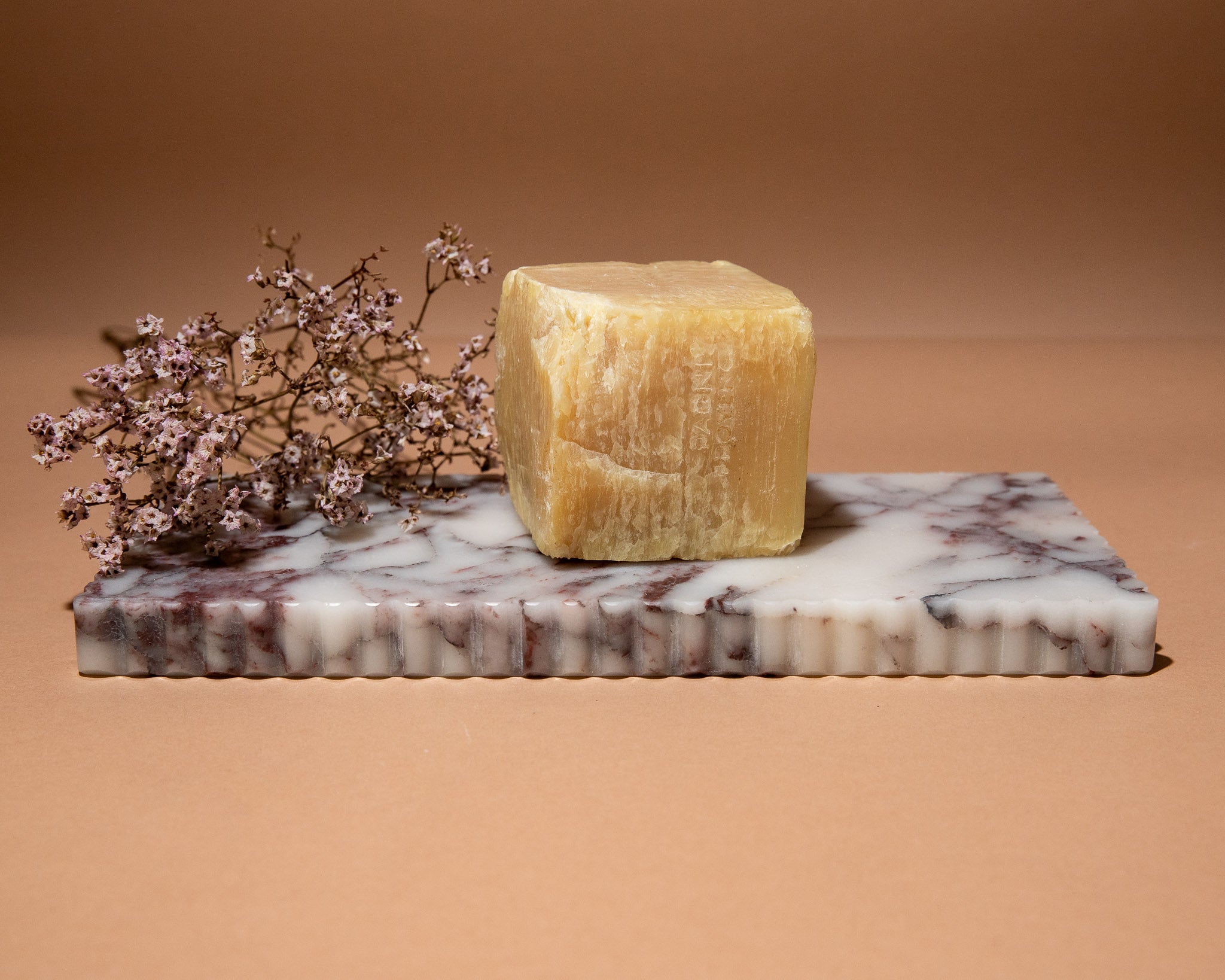 Block of cheese on a marble slab with dried flowers against a brown background