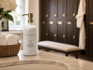 Hand wash bottle on a marble surface with a blurred background of a bathroom.