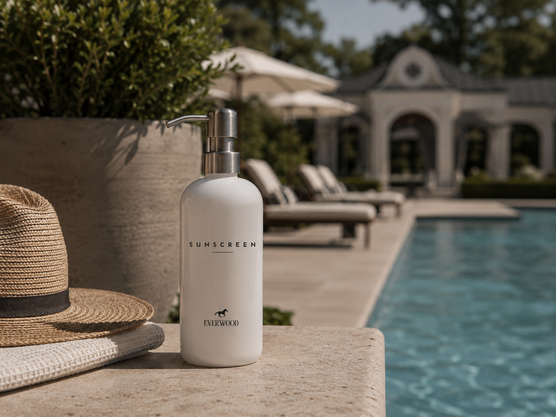 White sunscreen bottle with pump on a ledge by a poolside.