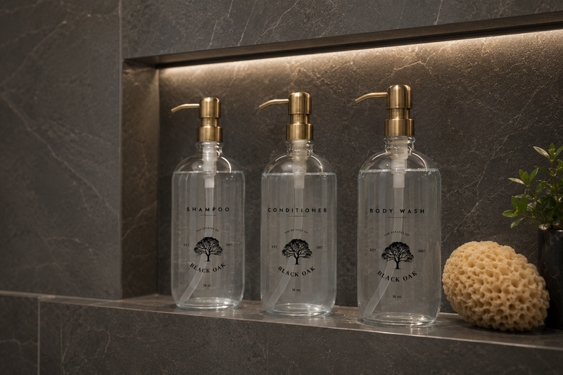 Three clear bottles labeled 'Shampoo', 'Conditioner', and 'Body Wash' on a dark stone shelf.