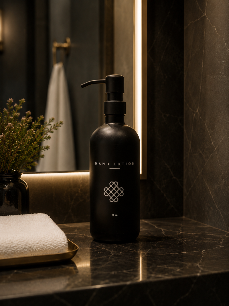 Black hand lotion bottle on a marble surface with decorative elements in the background