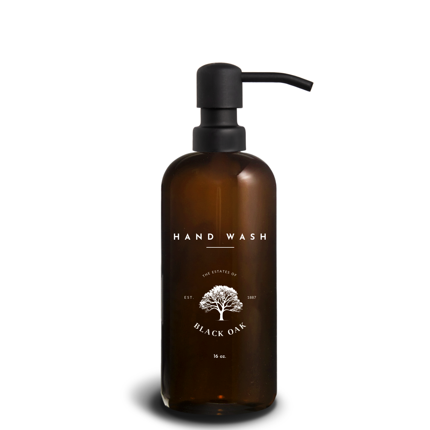 Brown hand wash bottle with pump and 'Black Oak' branding