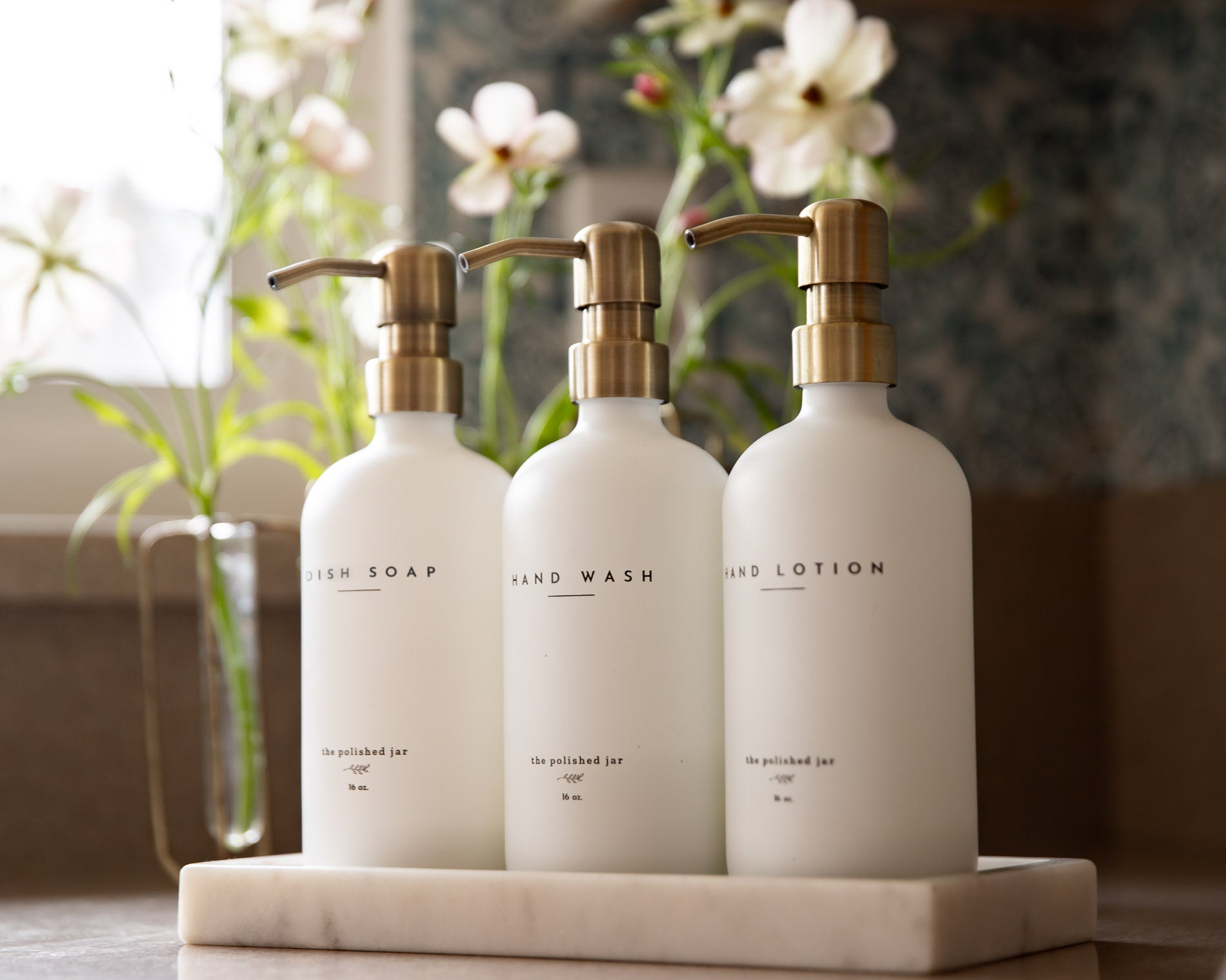 Marble tray and soap bottles