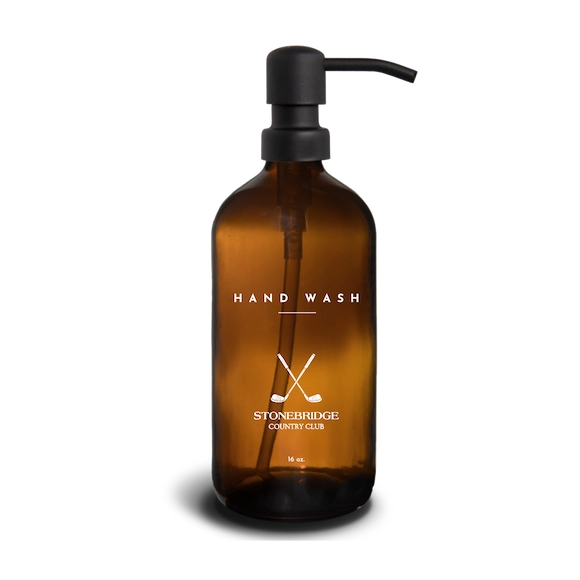 Hand wash dispenser bottle with customizable branding for country clubs